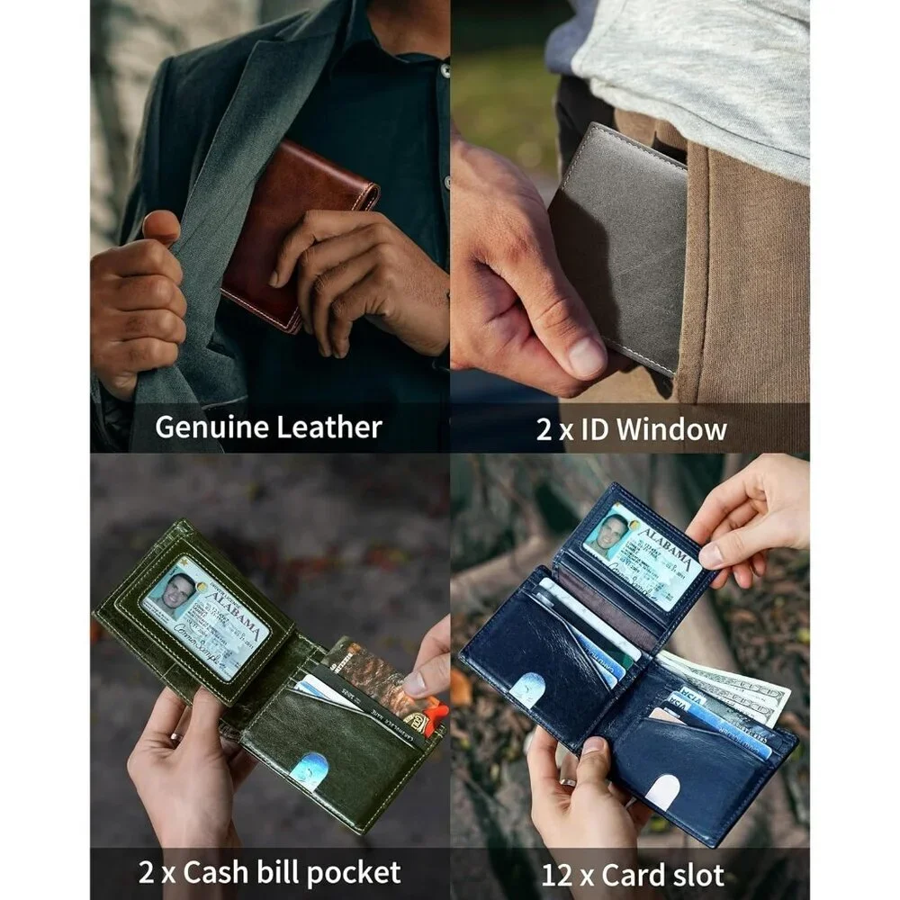 Men's Classic Bifold Wallet Card Green Style Genuine Leather 2 Cash Pockets